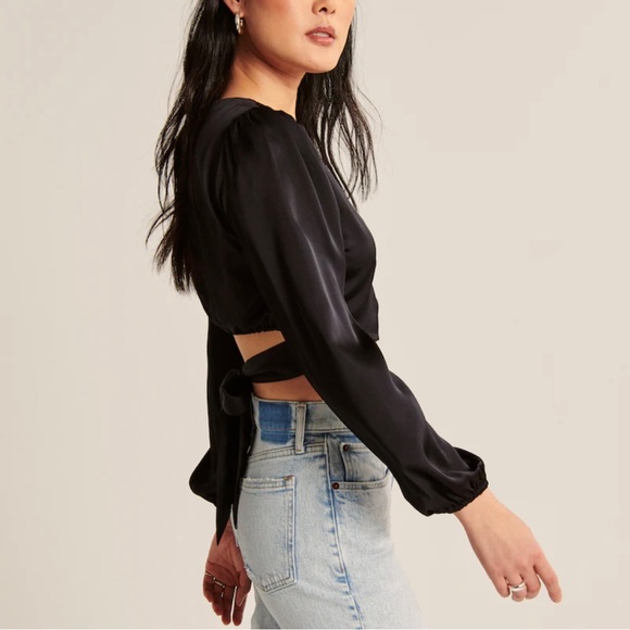 Black Satin Wrap Top - Picture 4 of 6